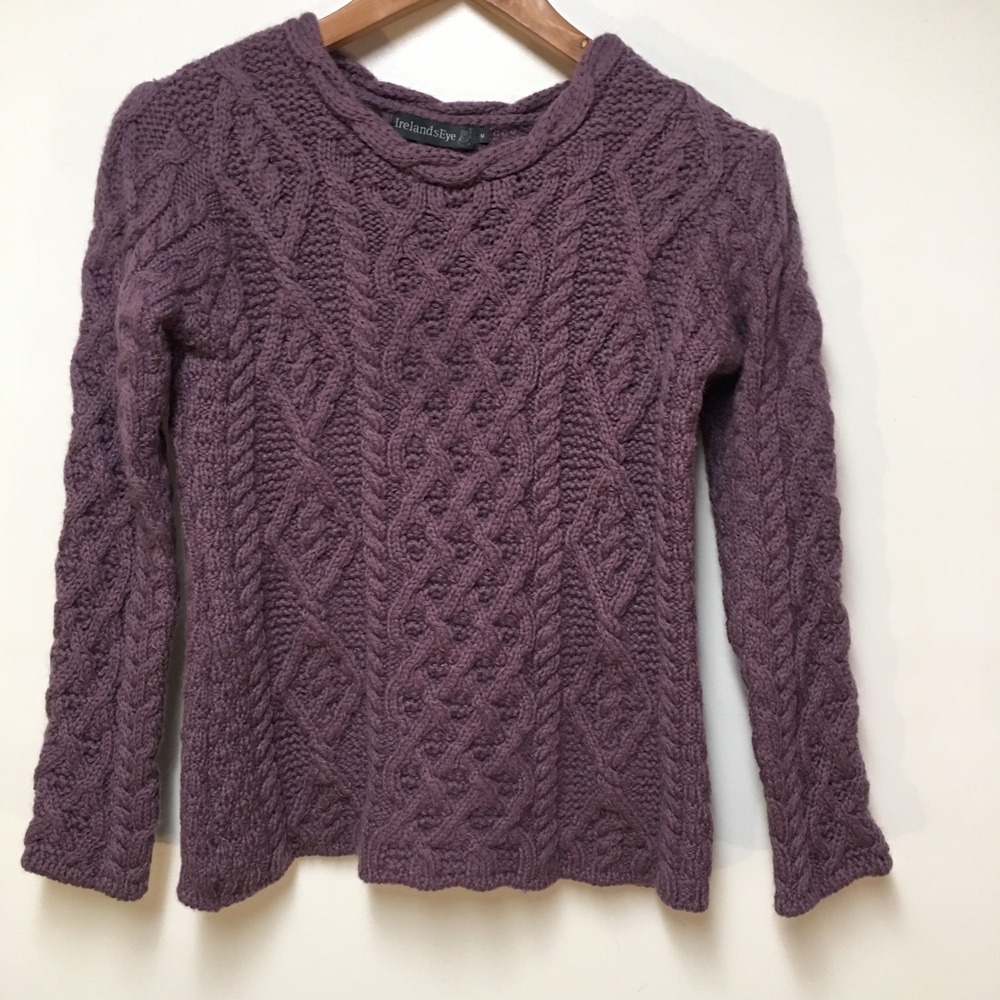 IrelandsEye Wool Cable Knit Sweater Women XS Purple Made in Ireland Aran Knit